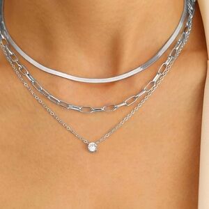 Silver 14k White Gold Plated Snake 3pc Chain Necklace Set